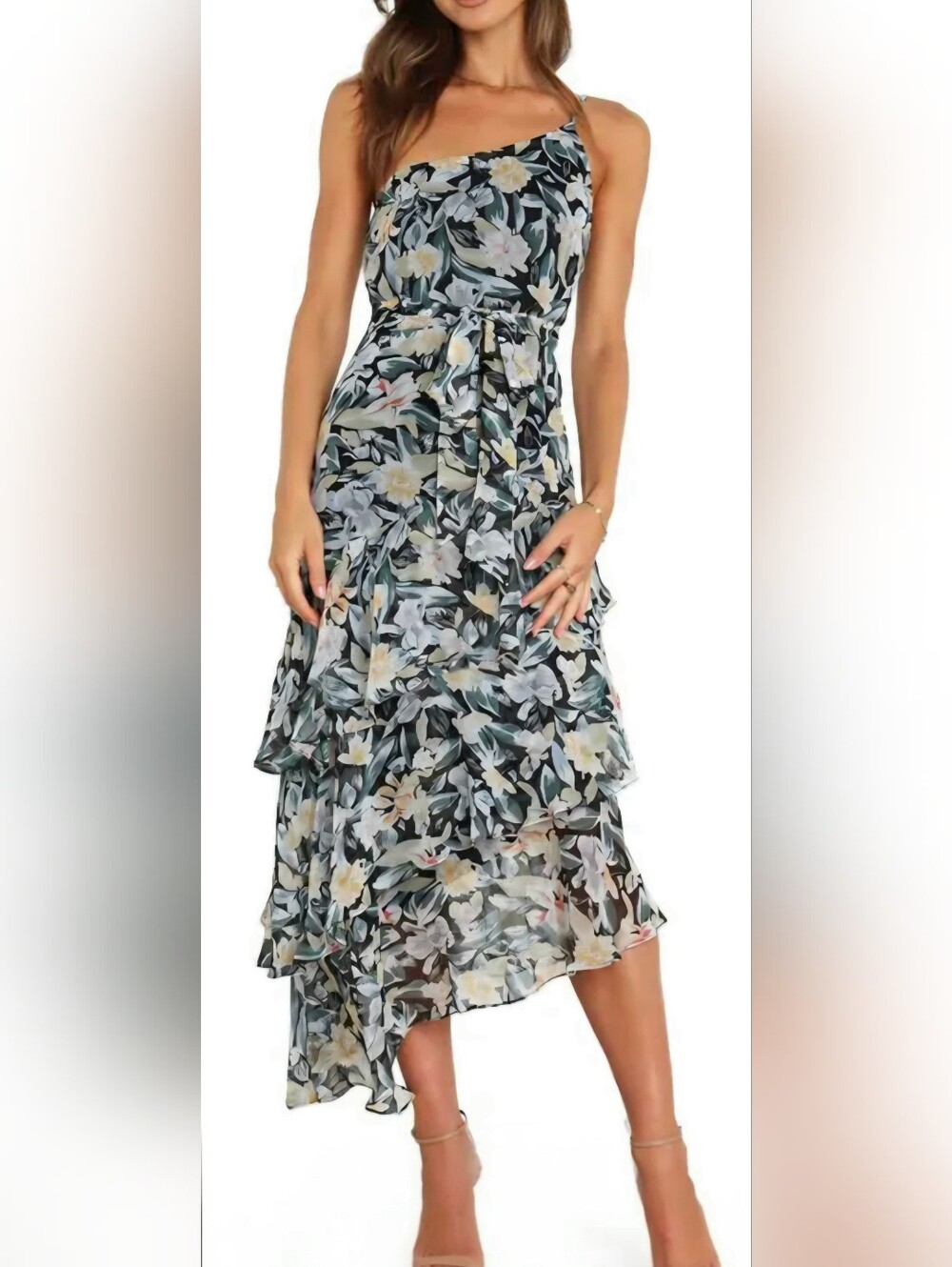 Petal & Pup One-Shoulder Floral Tiered Midi Dress in Black and Sage